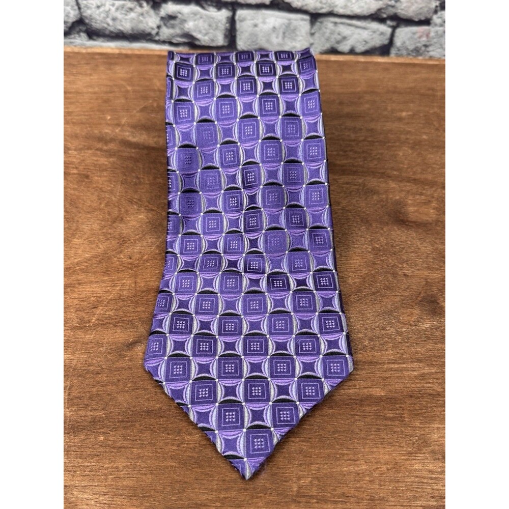 Pronto Uomo Purple Silk Jacqaurd Neck Tie Square Cub Mosaic Pattern 58" NWOT